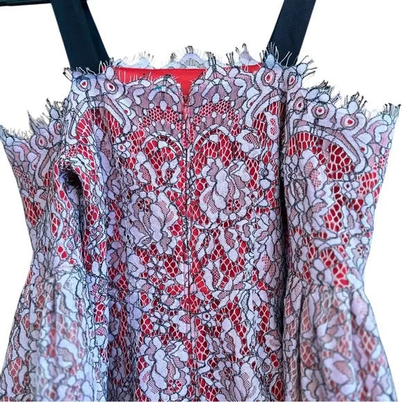 ASOS extreme sleeve Bardot pencil lace midi dress with contrast trims - Picture 7 of 9